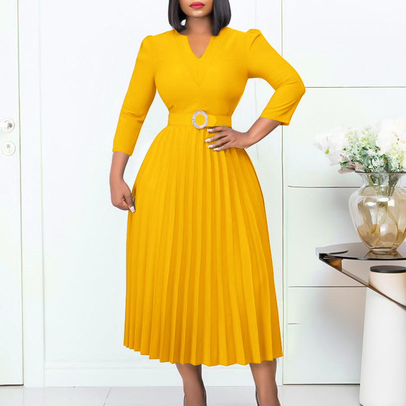 Women Autumn V-neck Elegant Pleated Dress 10
