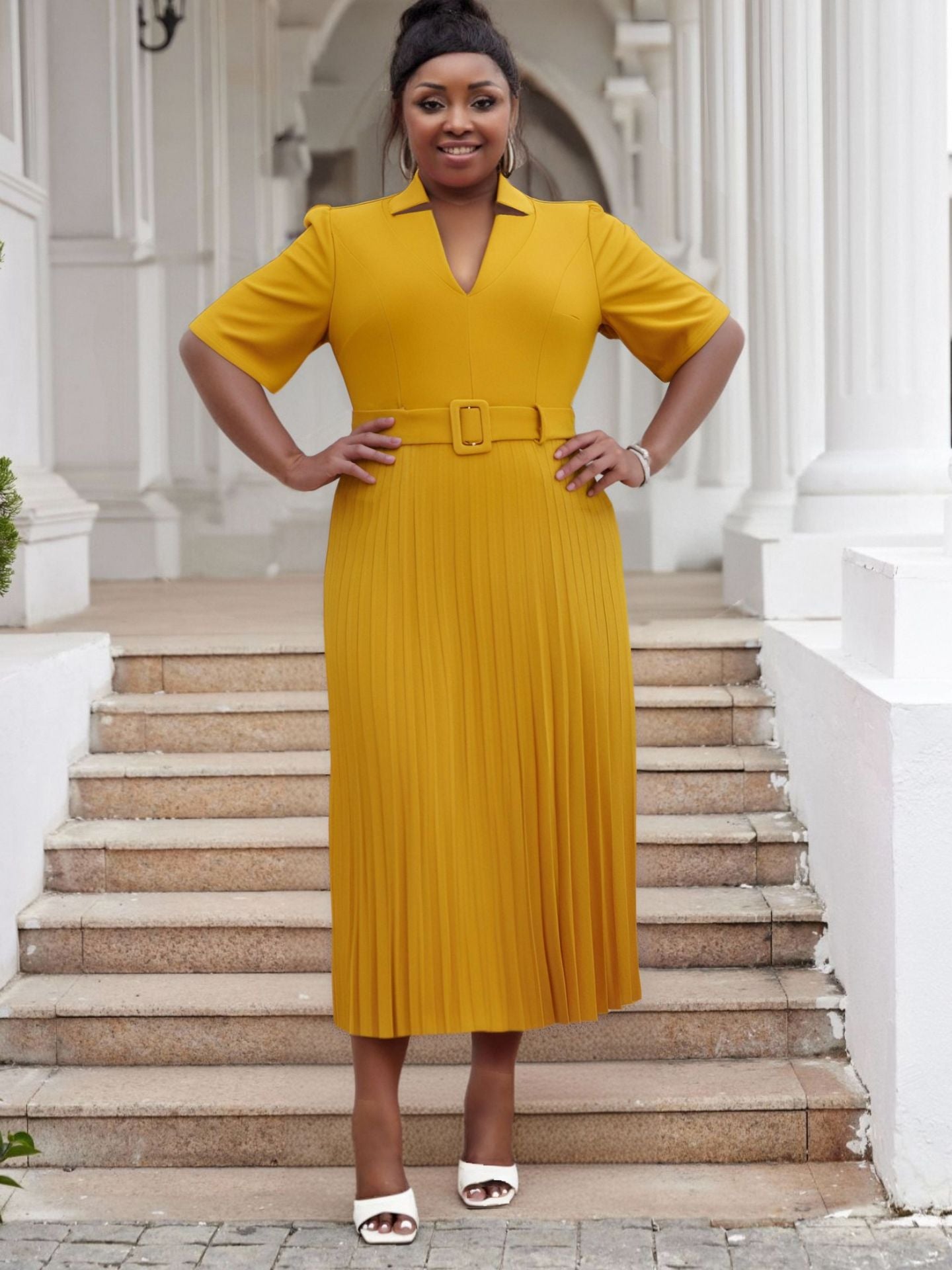 Plus Size Women's Office Summer Short Sleeve Fashion V-Neck High Waist Chic Pleated Long Dress 4