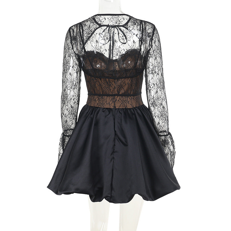 Women Autumn Sexy Lace Lace-Up Dress 9