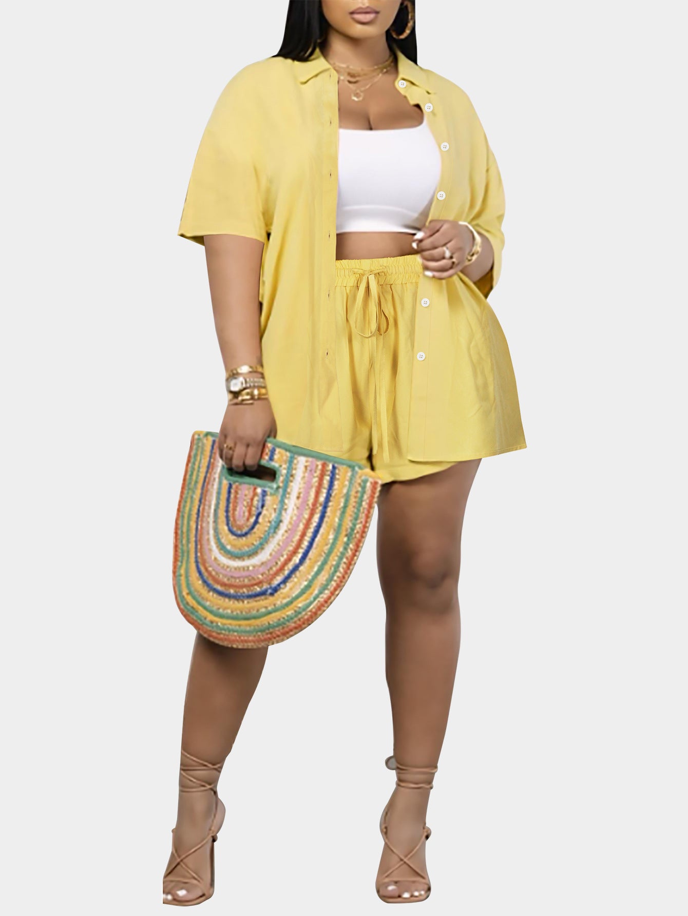 Women's Casual Fashion Short Sleeve Turndown Collar Shirt Elastic Waist Shorts Set 3