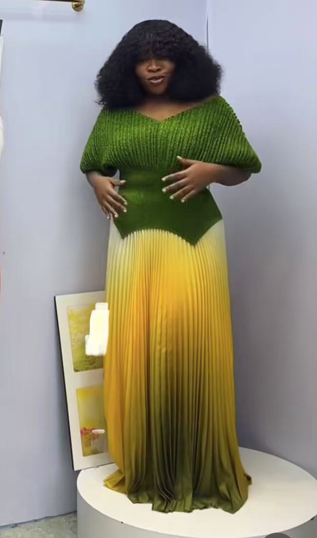 Pleated solid color v-neck top gradient pleated long skirt two-piece set for women 12