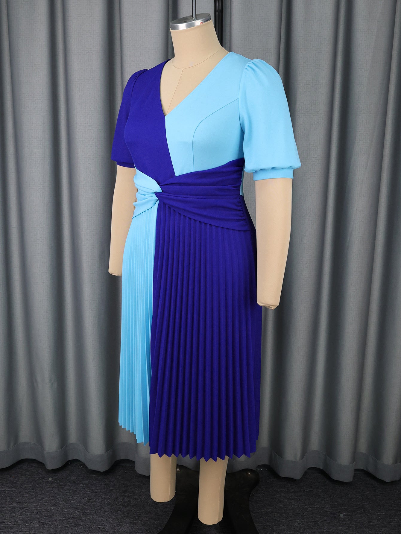 Color Block Patchwork V-Neck Sexy A-Line Dress Slim Waist Party Pleated Dress 5