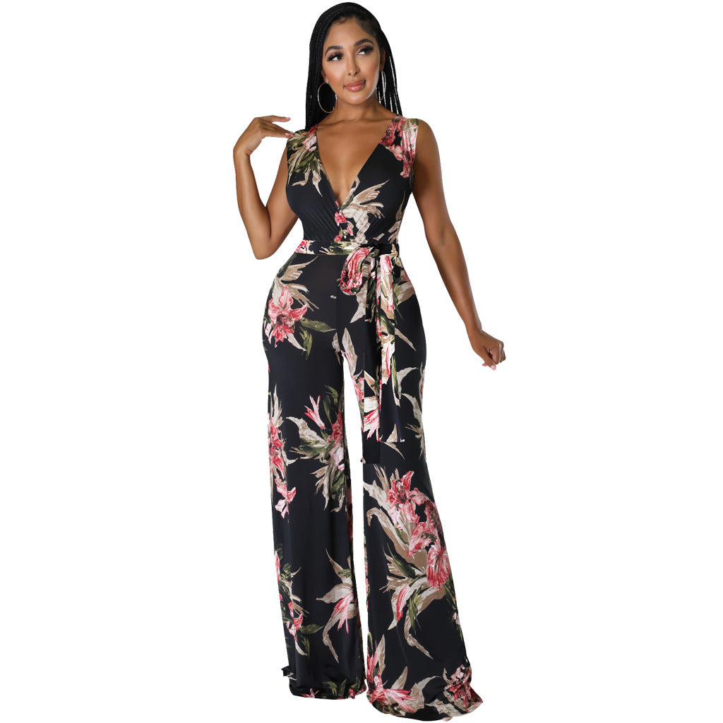 Sexy Fashion Printing V-Neck Wide Leg Women's Jumpsuit 7