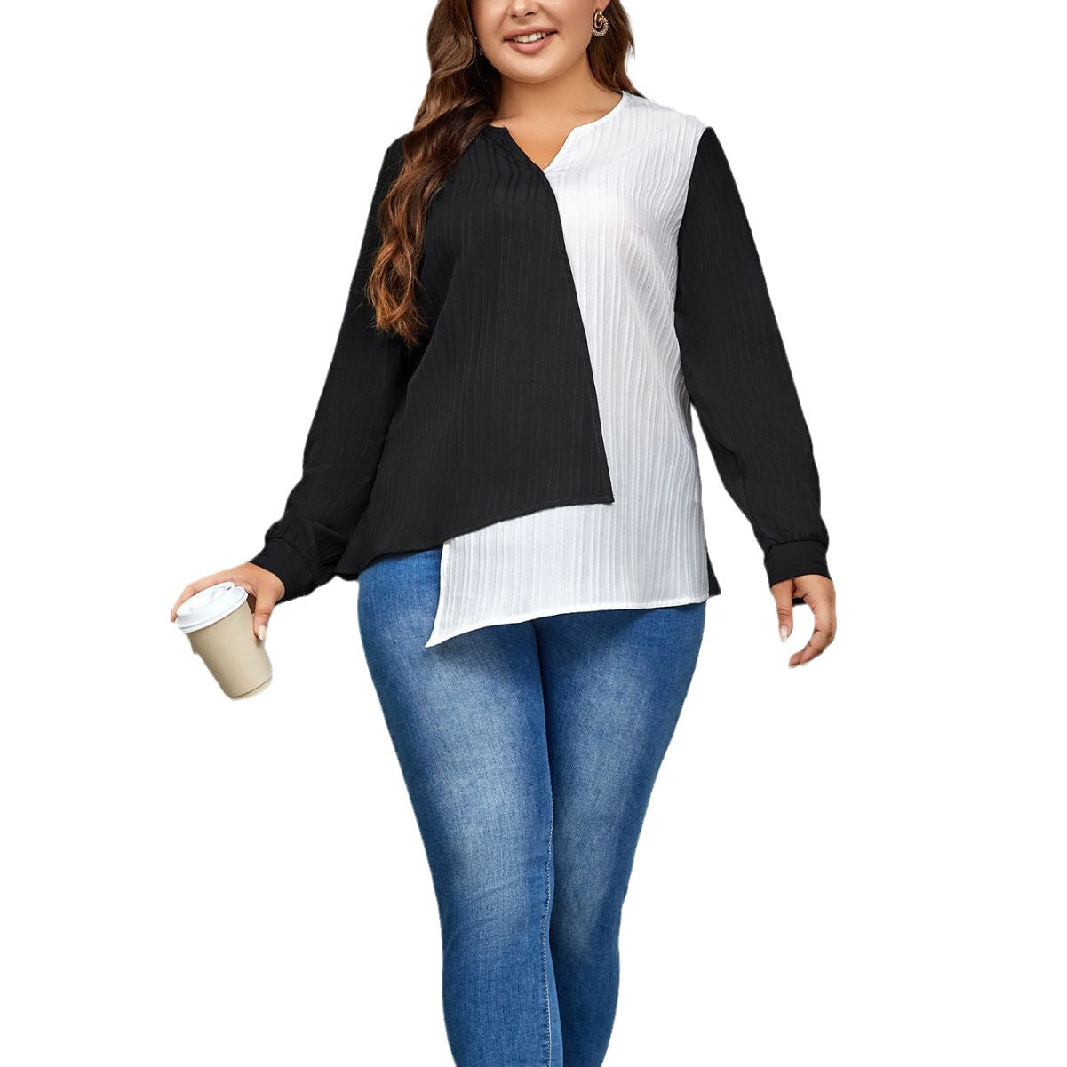 Plus Size Women Color Block Irregular Long Sleeve Shirt 6