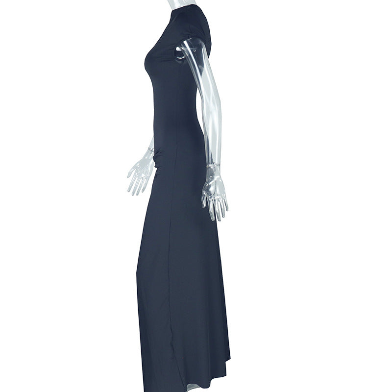 Women Solid Slash Shoulder Short Sleeve Sexy Irregular Slit Dress 8