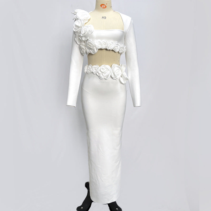 Solid Color Long Sleeve Flower Bandage Top Long Skirt Two-Piece Set 9