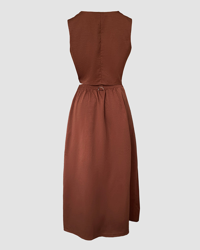 Women's Fashion Solid Color Sleeveless Zipper Metal Ring Vest & High Waist Slit Long Skirt Set 6