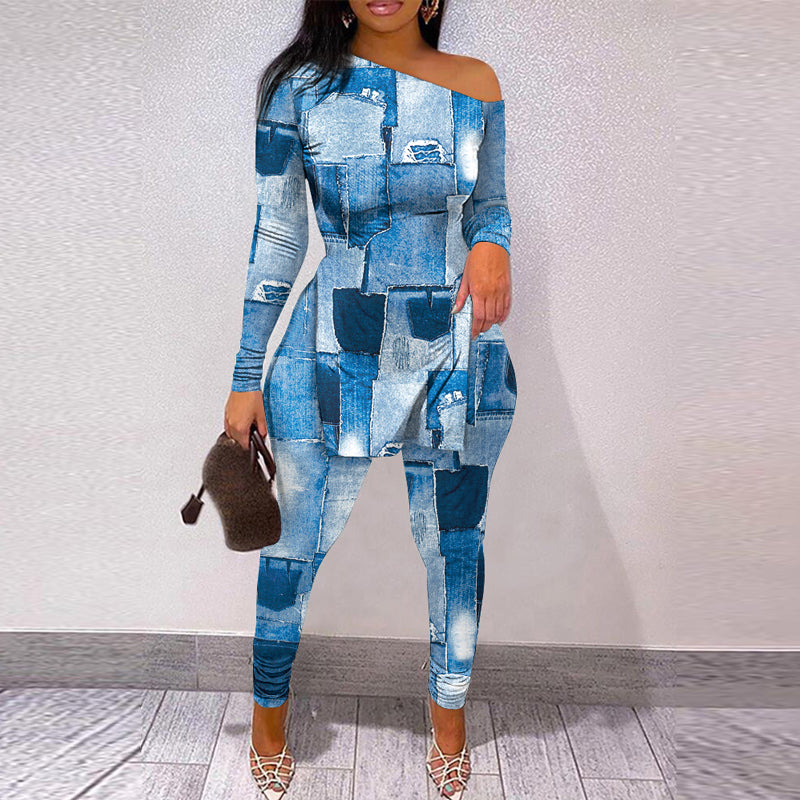 Women'S Fashion Print Slash Shoulder Long Sleeve Top Slim Pants Two Piece Set 3