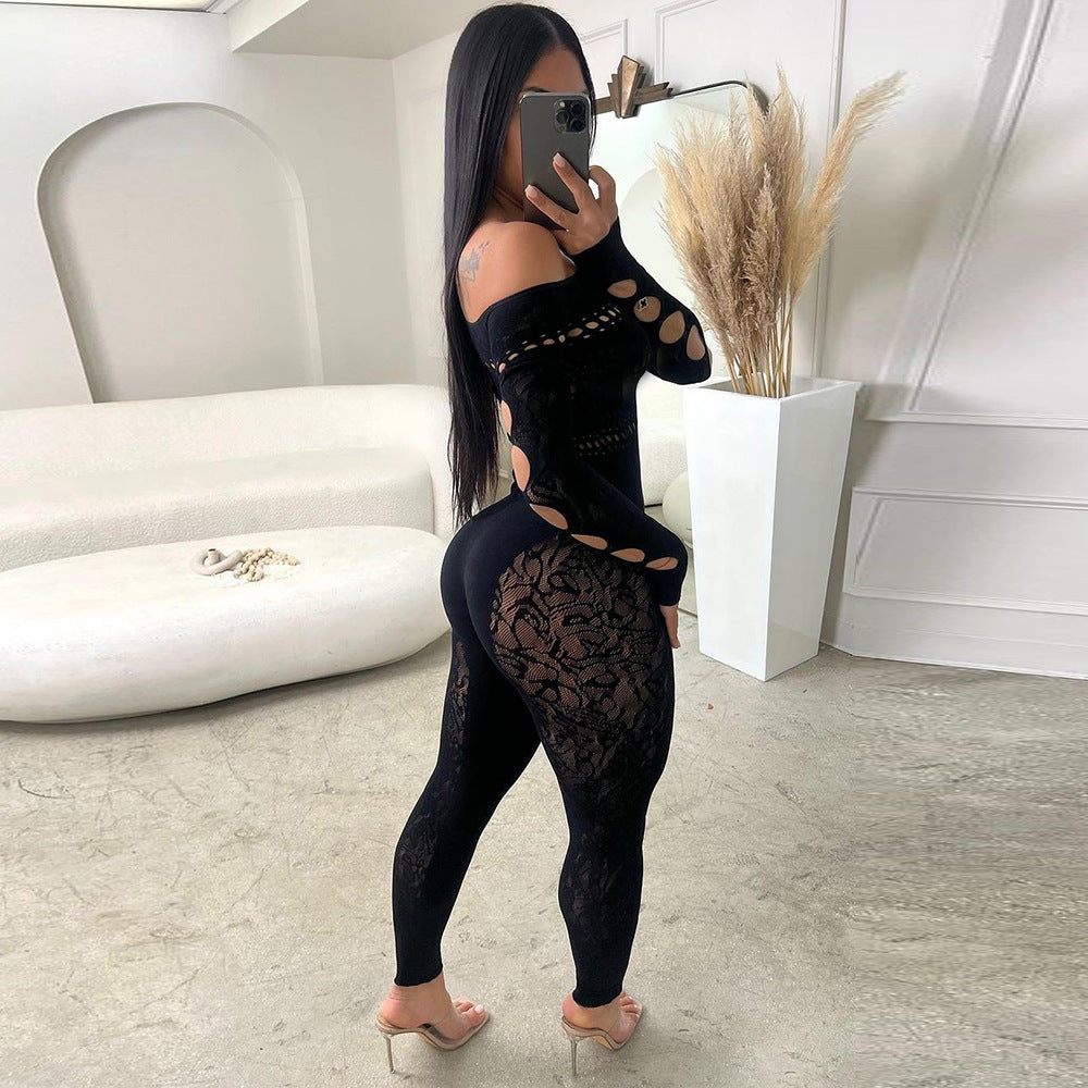 Sexy Hollow Seamless Knitting Jacquard One-Piece High Stretch Jumpsuit 4