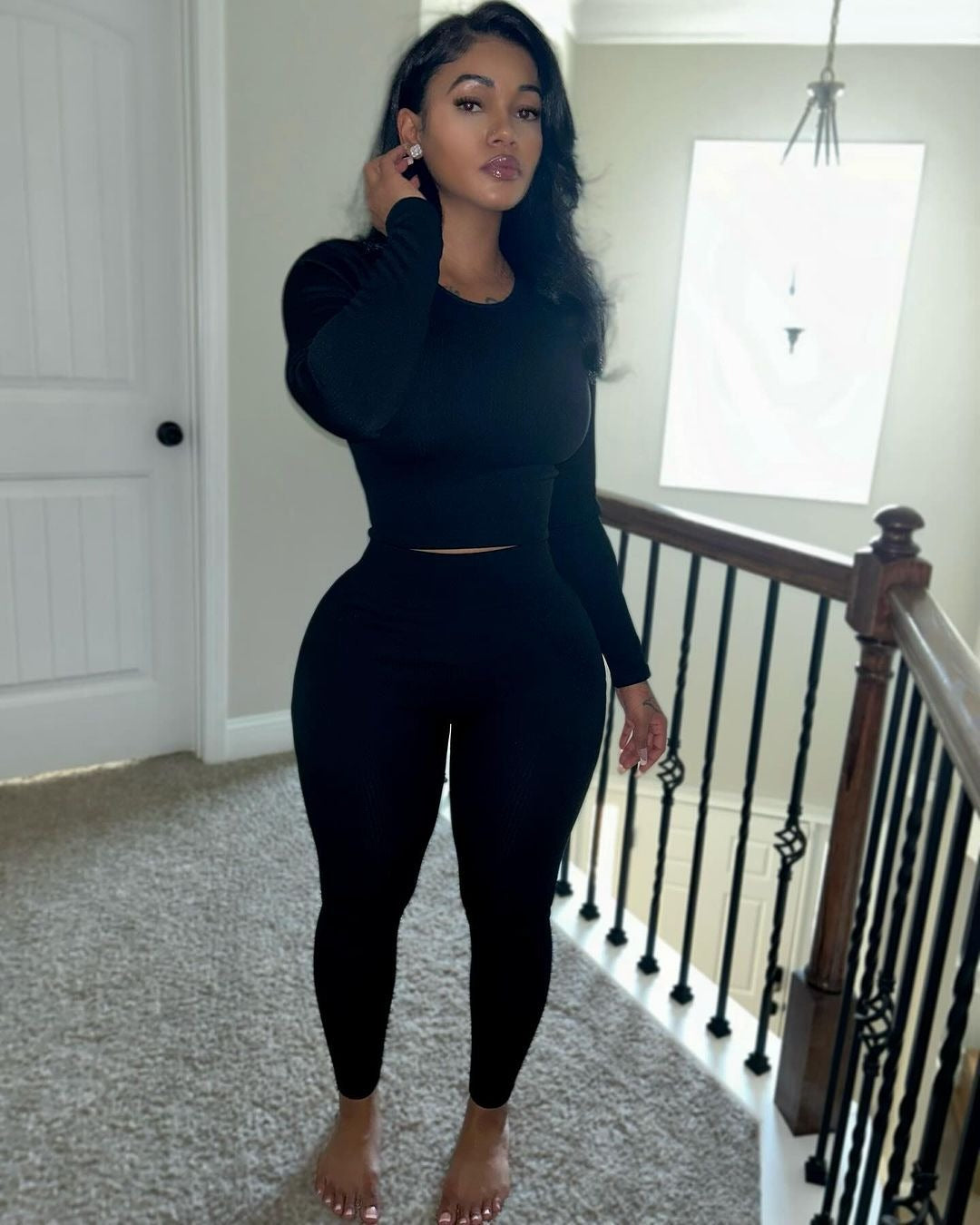 Women's Fashion Round Neck Rib Casual Sexy Sports Trend Fashion Two Piece Pants Set 5