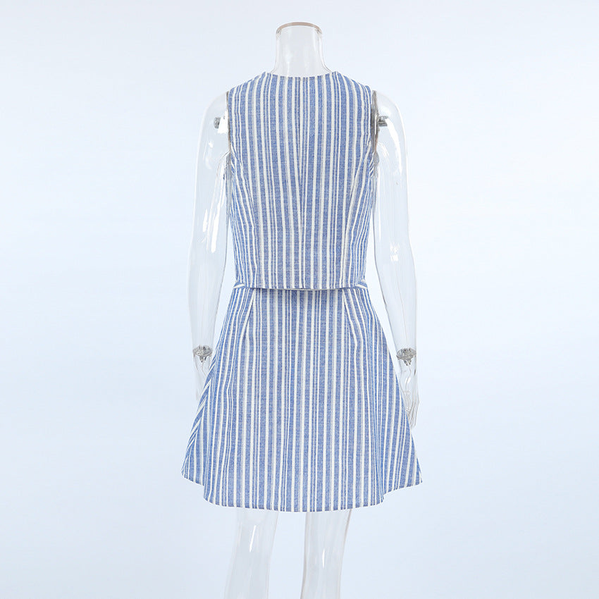 Women Striped V-Neck Sleeveless Top and Skirt Two-Piece 11