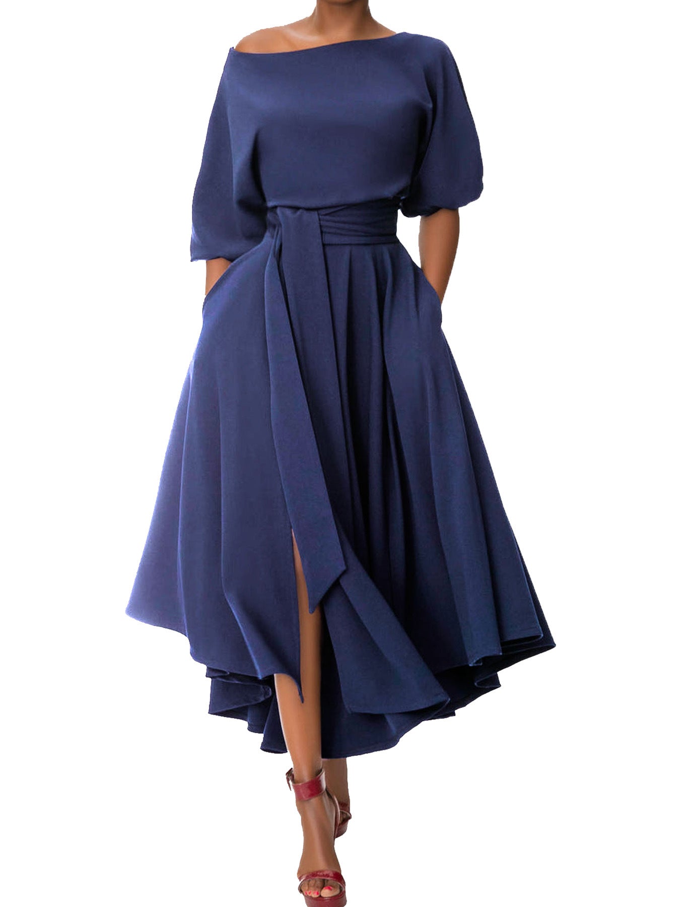 Chic Elegant Solid Color Slash Shoulder Belt Irregular Dress 15