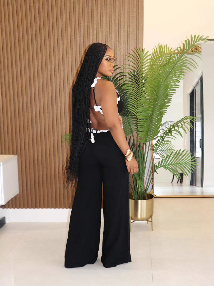 Women Wave Line Patchwork Sleeveless Wide Leg Jumpsuit 6