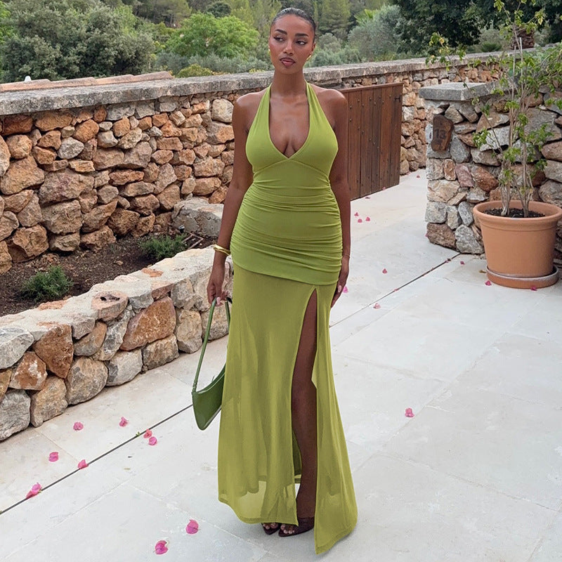 Women Sexy V-Neck Pleated Long Mesh Slit Halter Neck Dress