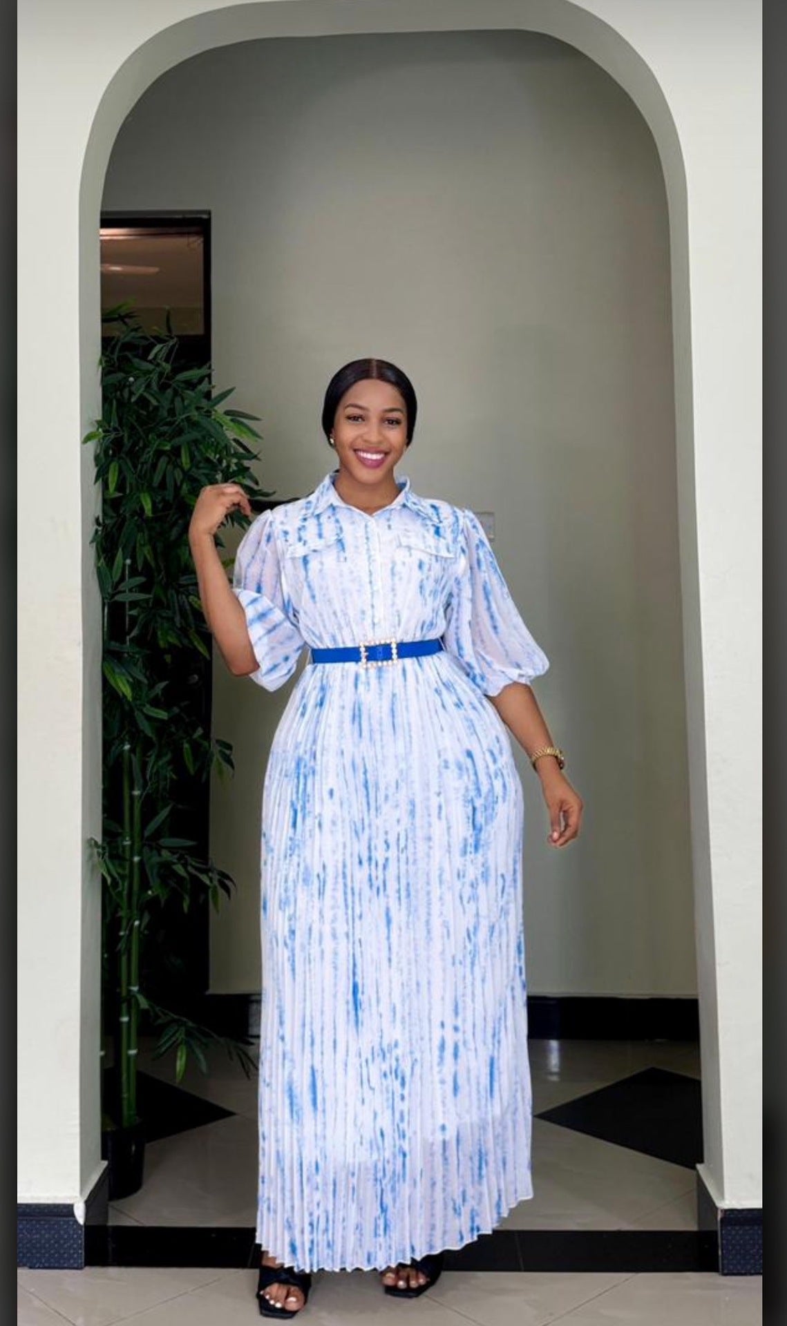 African Women Printed Turndown Collar Long Sleeve Chiffon Dress with Belt