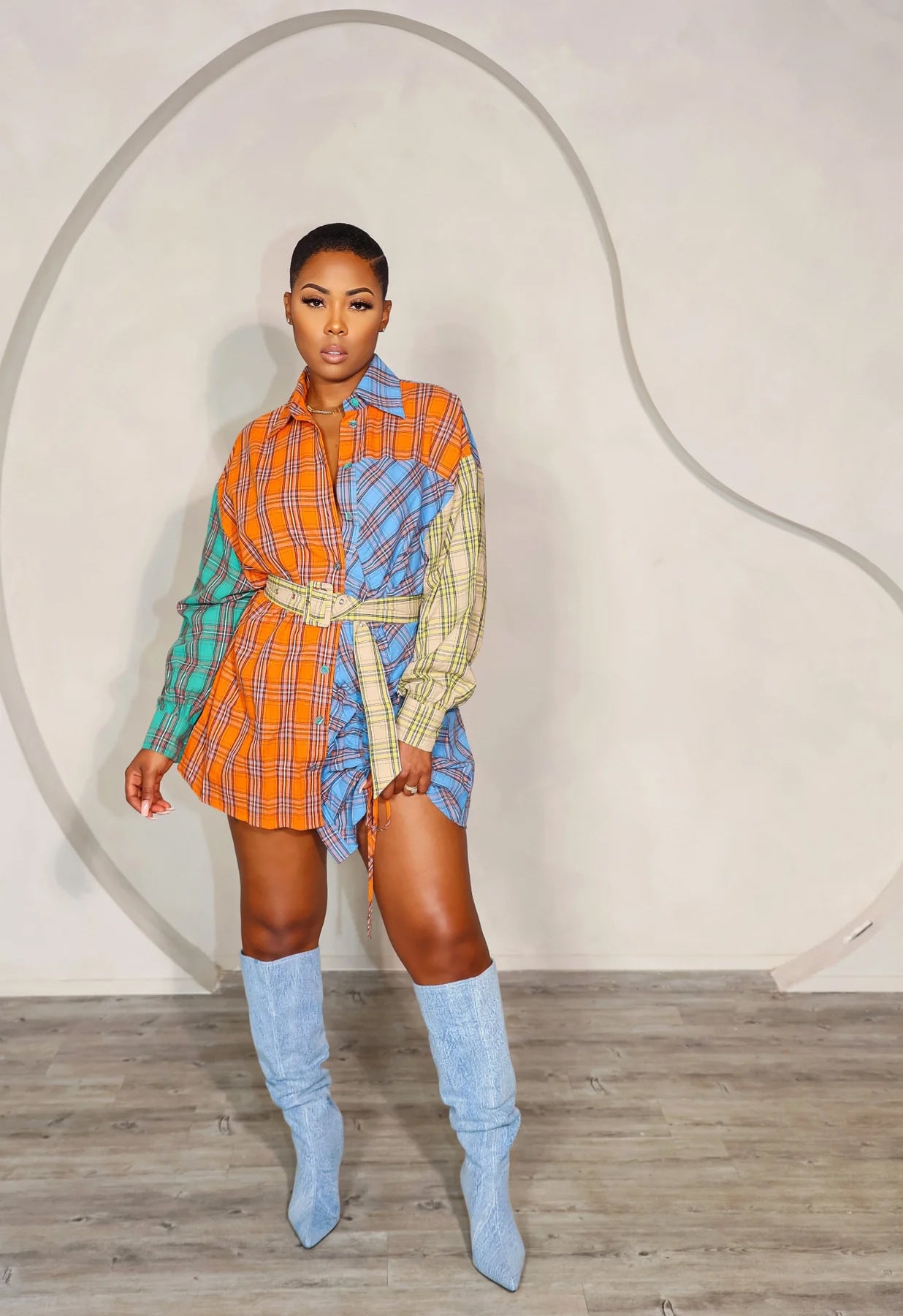 Women Fashion Printed Patchwork Long Sleeve Shirt (Including Belt) 4