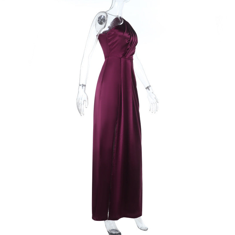 Women one-shoulder sexy slit satin dress dress 11