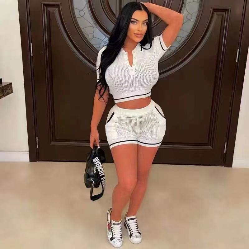 Button Short-Sleeve Knit Shirt & Shorts Set