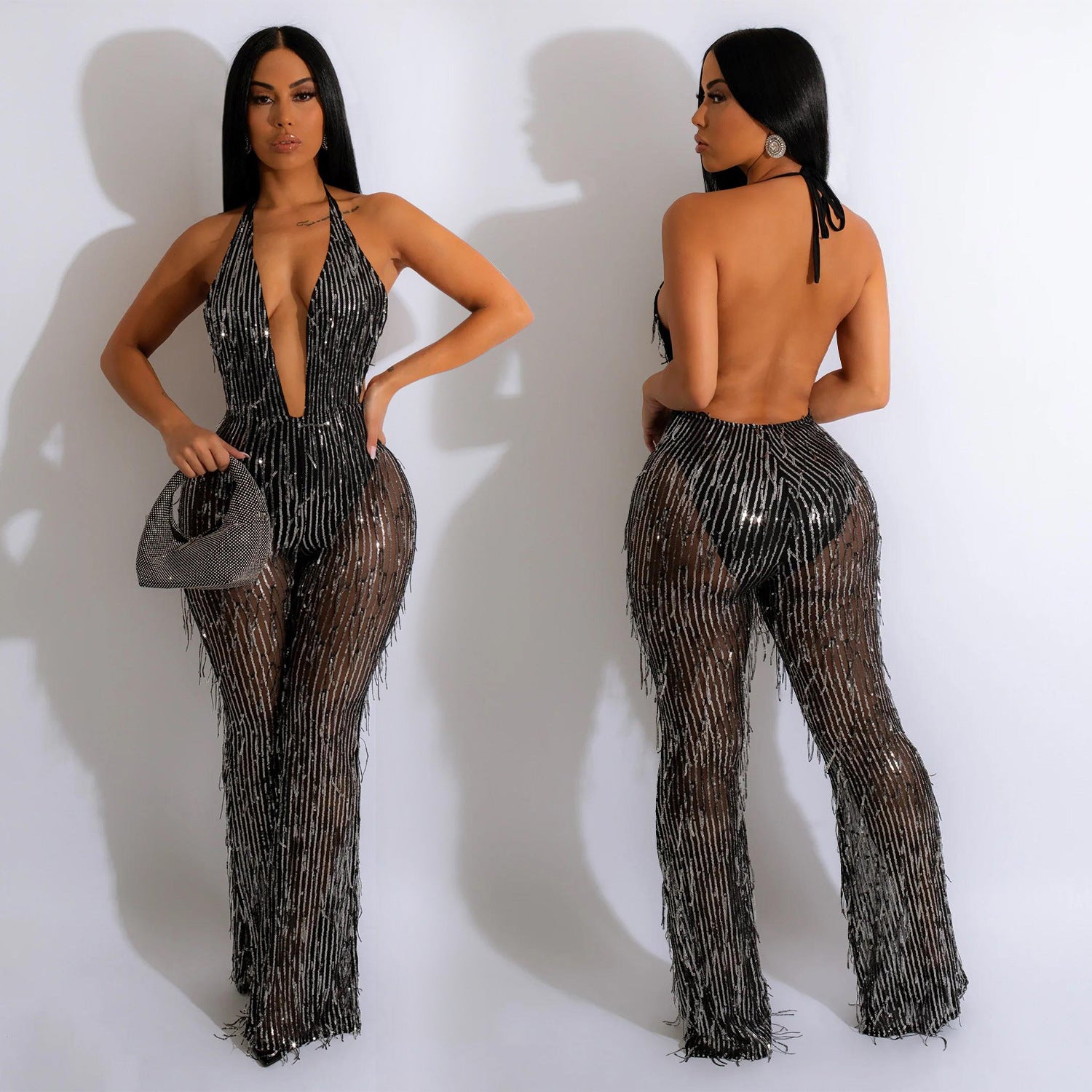 Women'S Fashion Sequined Tassel Mesh Halter Backless Nightclub Jumpsuit 4