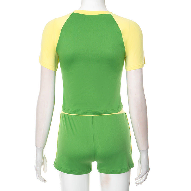 Women Spring and Summer Round Neck Contrast Color Patchwork Letter Ruber Print Top and Shorts Two-piece Set 5