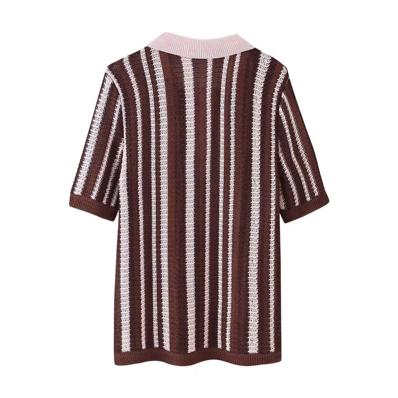 Fashion Striped Turndown Collar Short-Sleeve Top & Shorts Knit Set 10