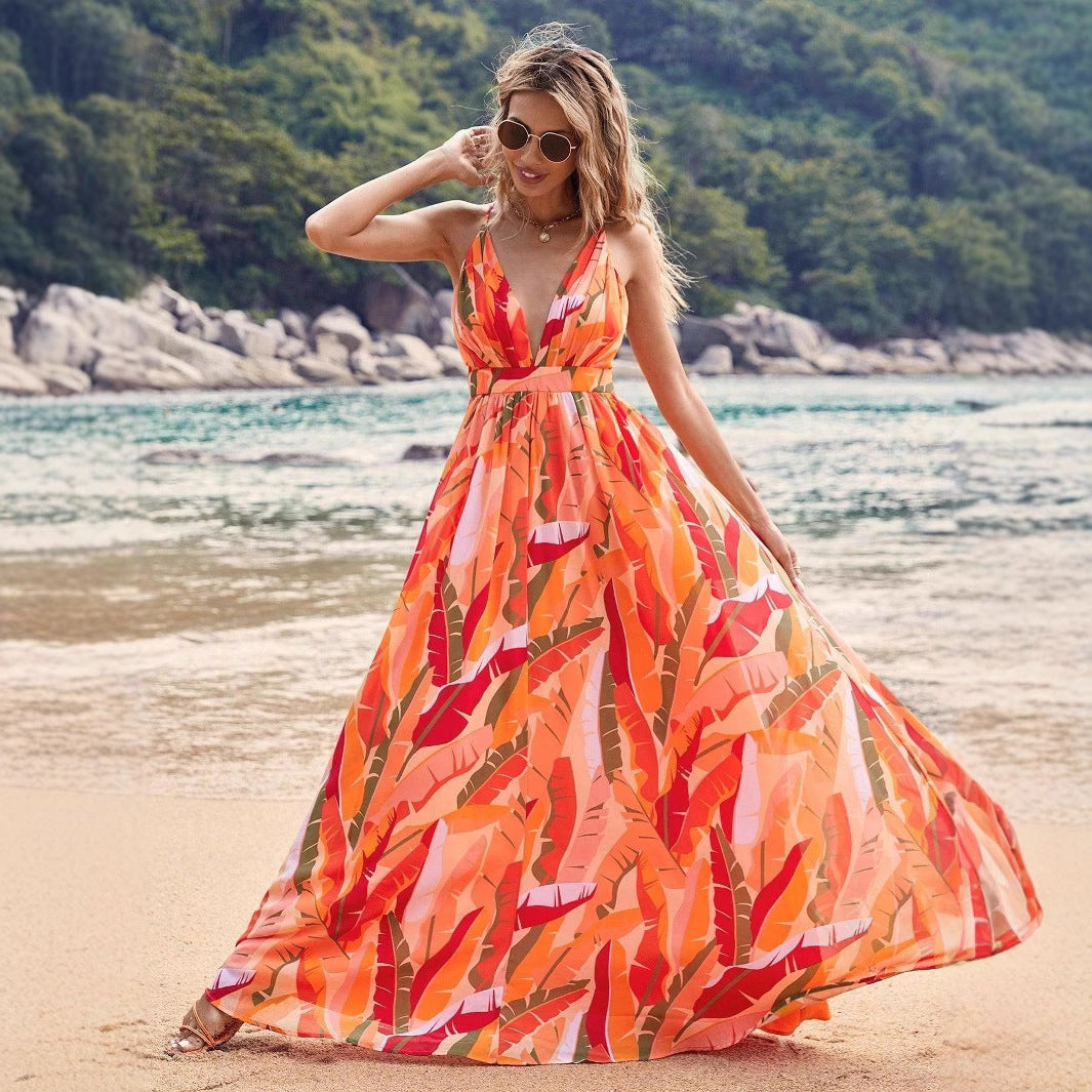 Women's Summer Deep V Cross Halter Neck Strap Print Maxi Dress 5