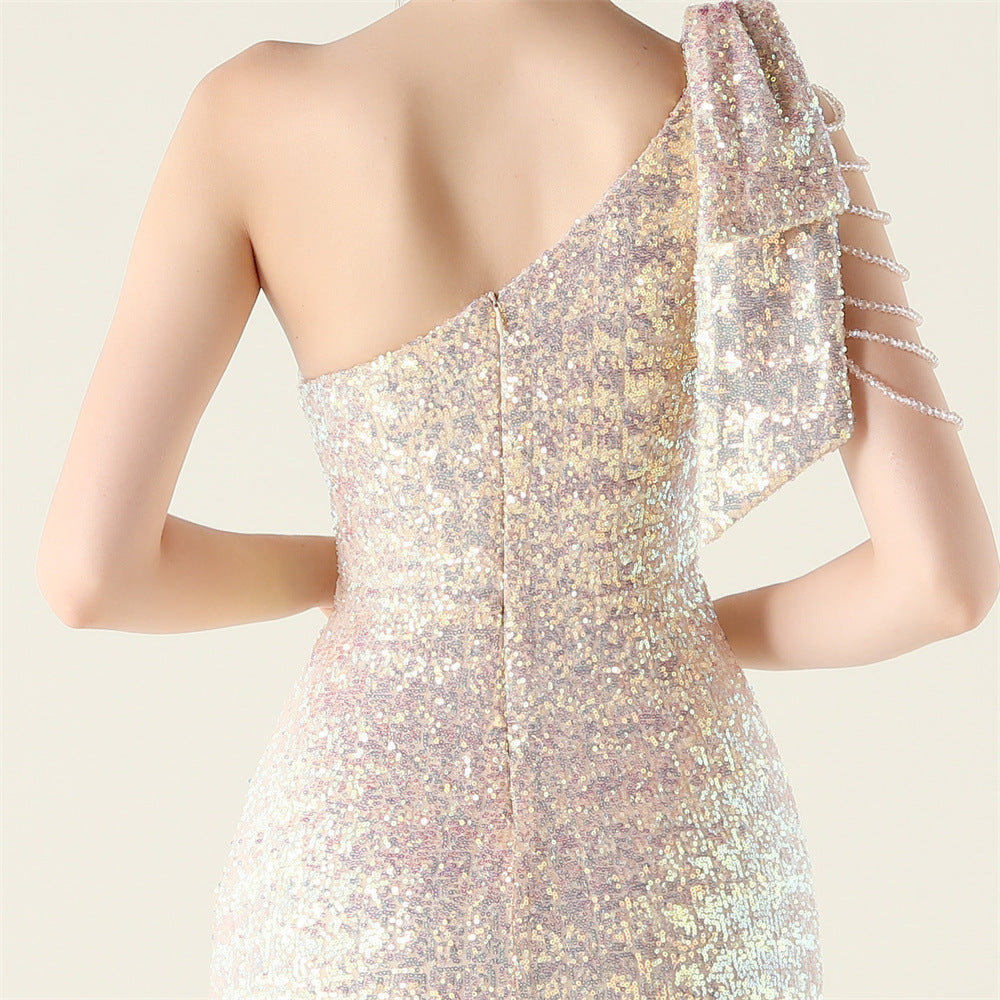 Plus Size Women clothing one-shoulder nail flower beaded evening dress 50