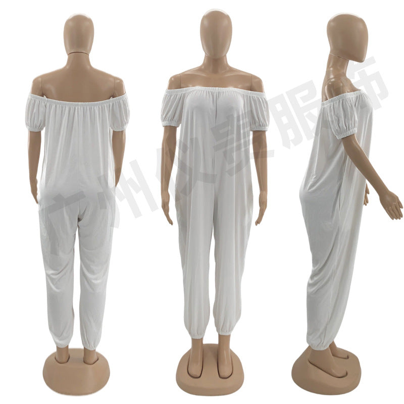 Women's Solid Color Loose Long Length Short Sleeve Jumpsuit Women's Bodysuit 4