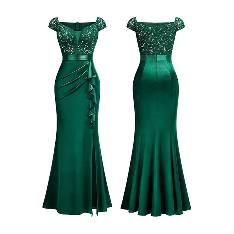 Women's Sexy Lace Sequin Evening Gown Wedding Party Long Dress Bride Dress 7