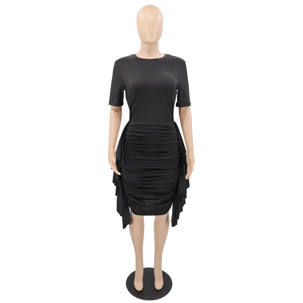 Sexy Solid Color Short Sleeve Ruffled Slim Fit Ruched Dress 27