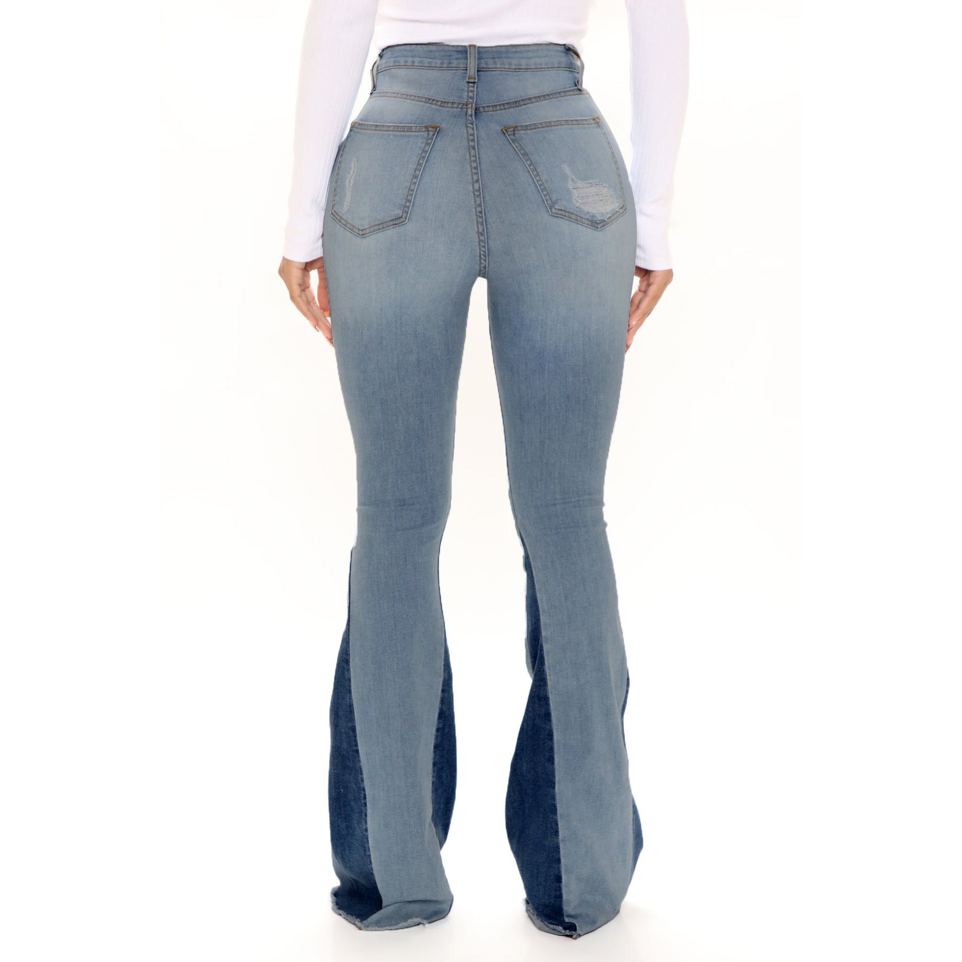 Women Casual Ripped Washed Bell Bottom Denim Pants 6