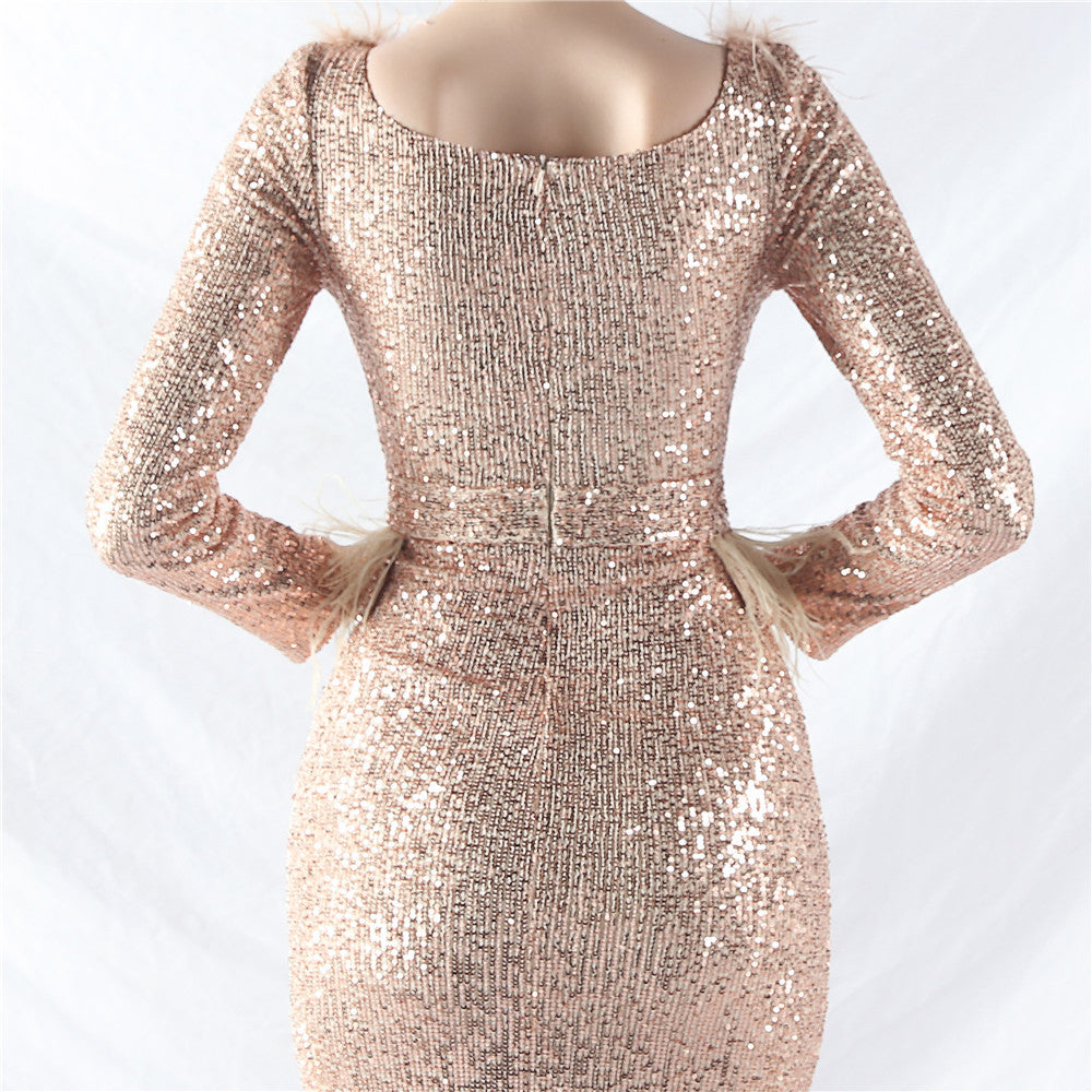 Women ostrich feather long-sleeved sequined evening dress 41