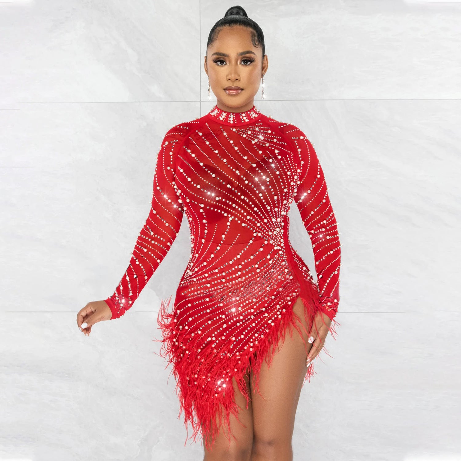 women's fashion sexy beaded dress with feather 9