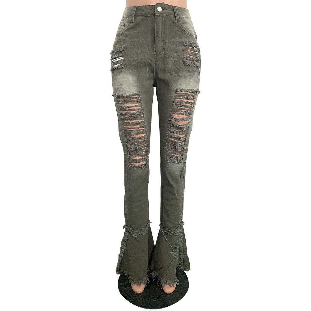 Women's Fringed Ripped Classic Denim Ruffle Trouser 39