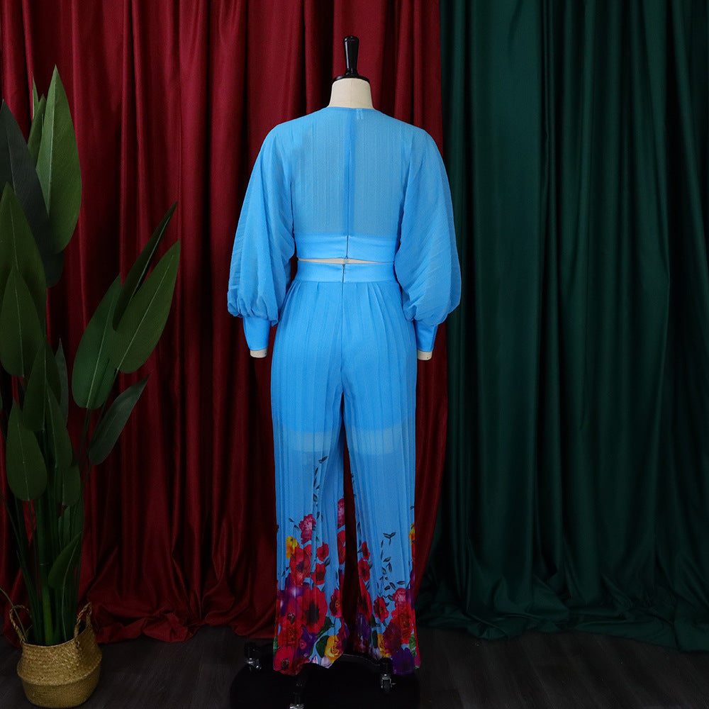 Fashion Suit Women's V-Neck Bat Sleeves Chiffon Top Pleated Wide Leg Pants Two Piece Set 8