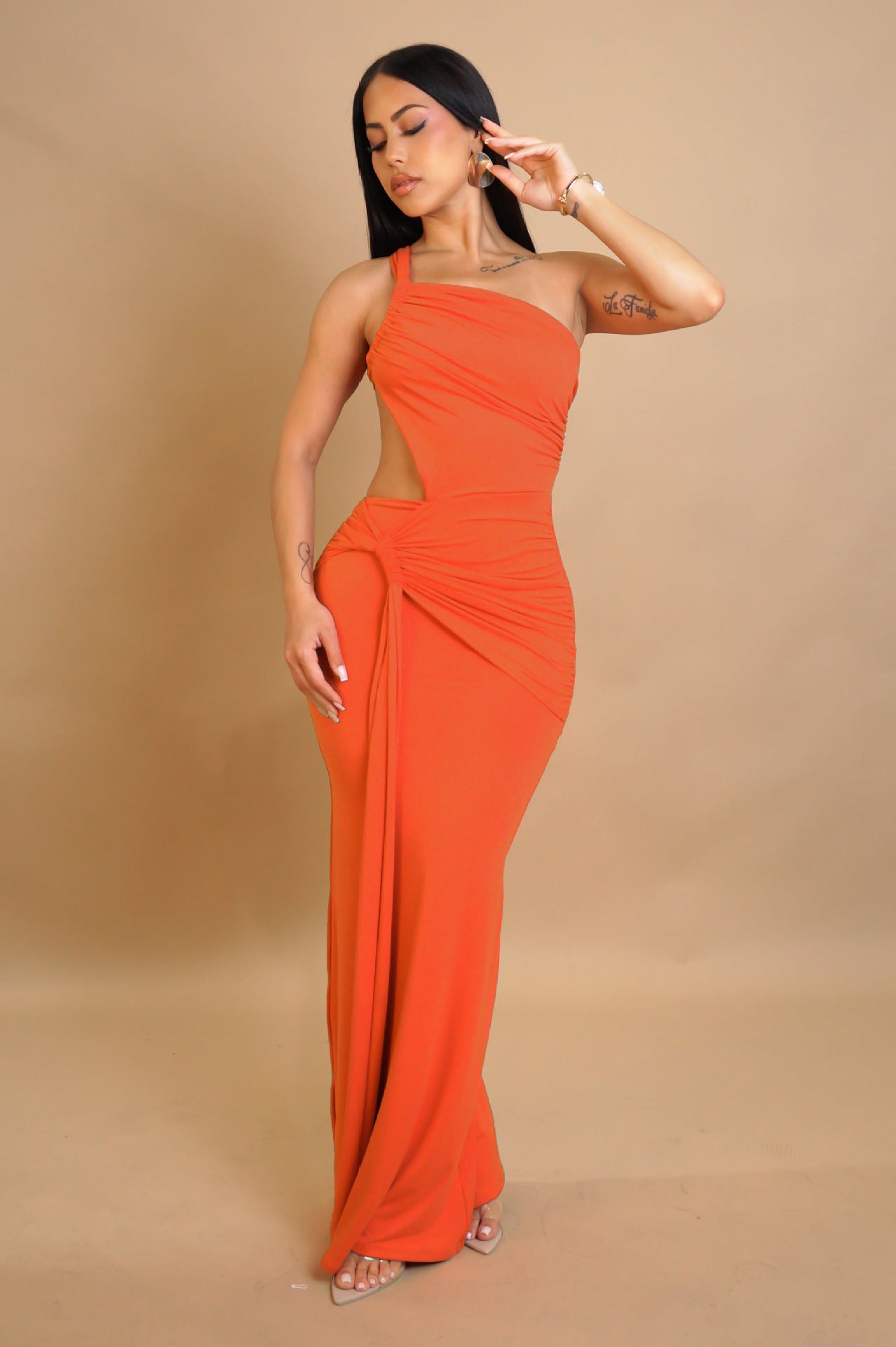 Women Solid Maxi Dress One Shoulder Pleated Dress 4