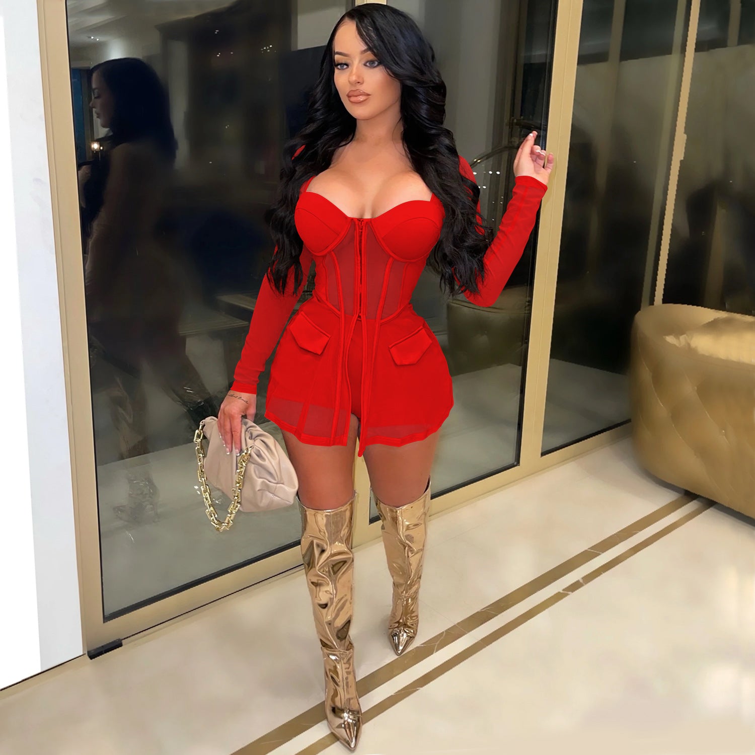 Women Mesh See-Through Long-Sleeved Top and Shorts Two-Piece Set 11