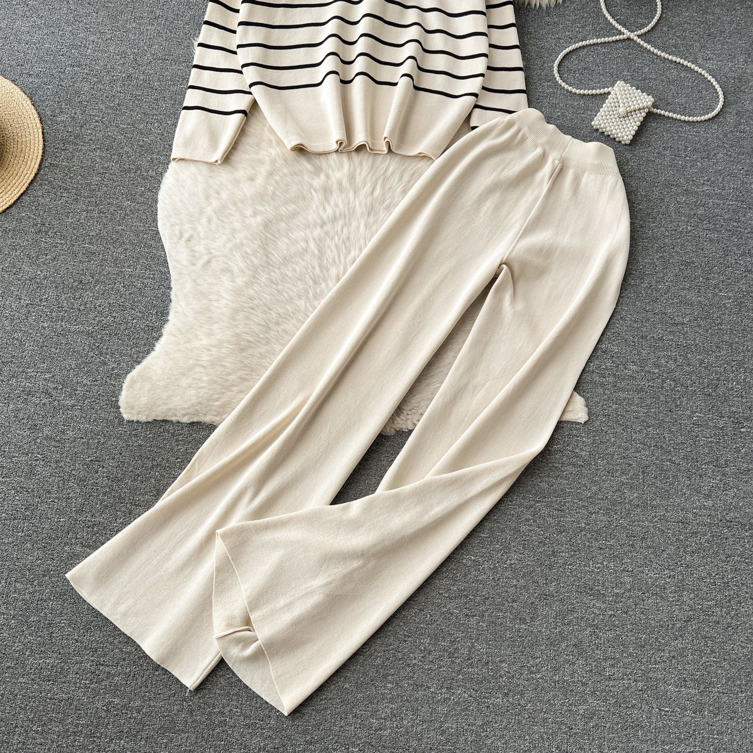 Women Casual V Neck Striped Knitting Top and Pants Two-piece Set 26