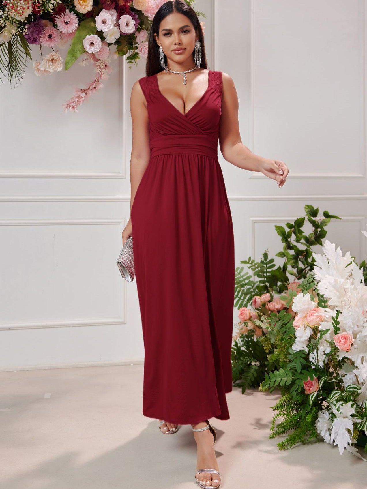 Women Sexy V-neck Sleeveless Lace Slit Dress