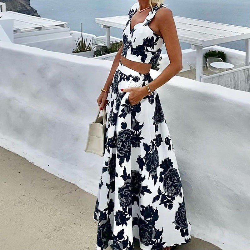 Women's Suit Summer Printed Strap Vest Top Long Skirt Two-Piece Set