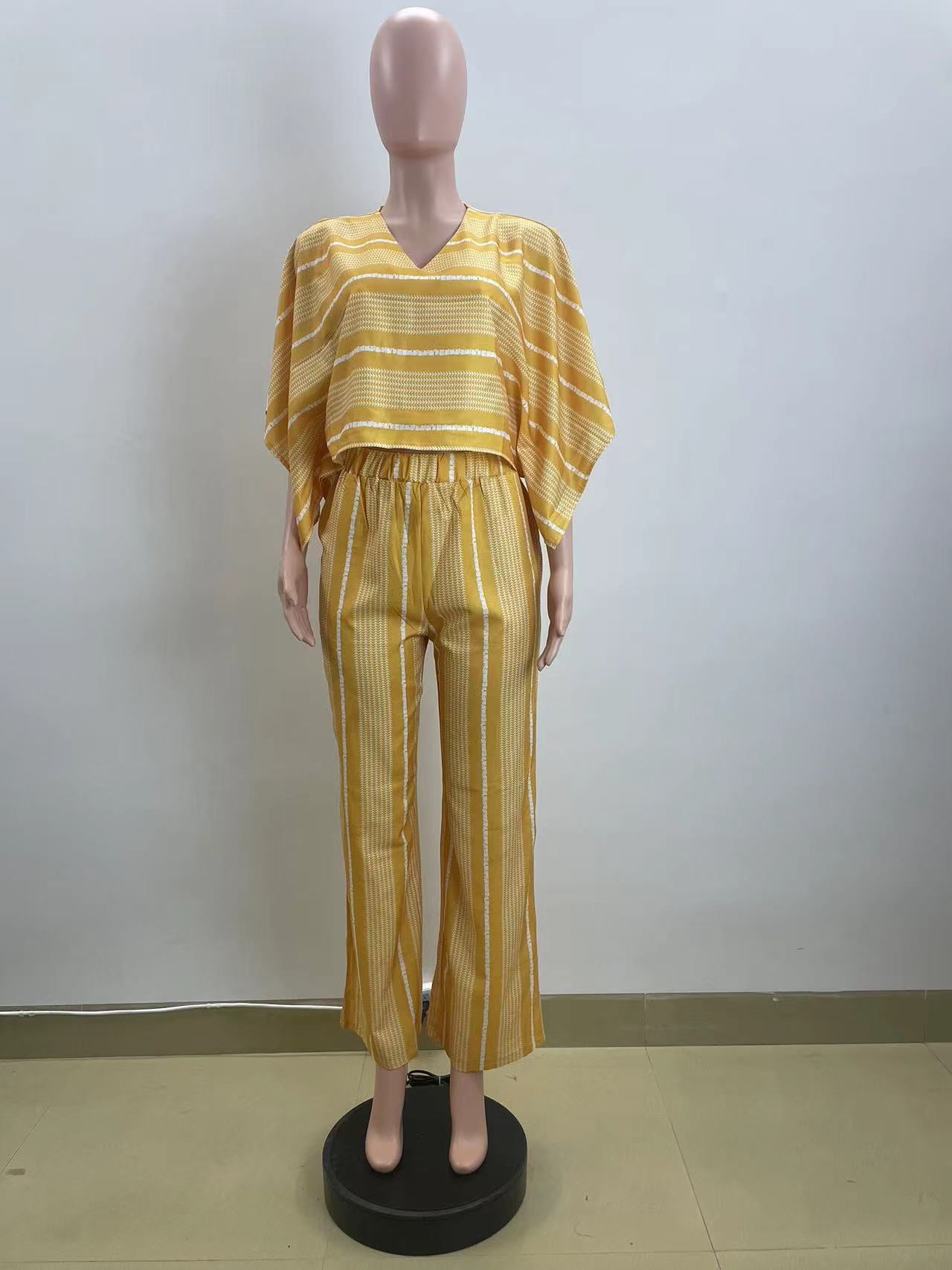 Women summer V neck print Top and Pants Casual two-piece set 5