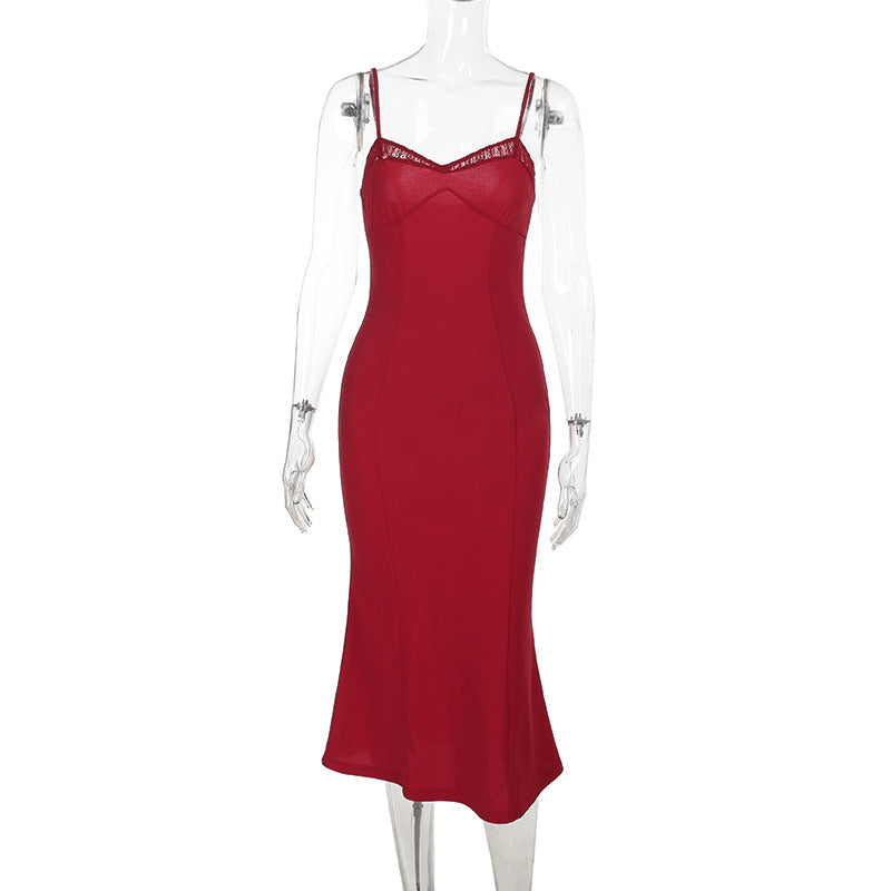 Women Suspender Lace Patchwork V Neck Dress 6