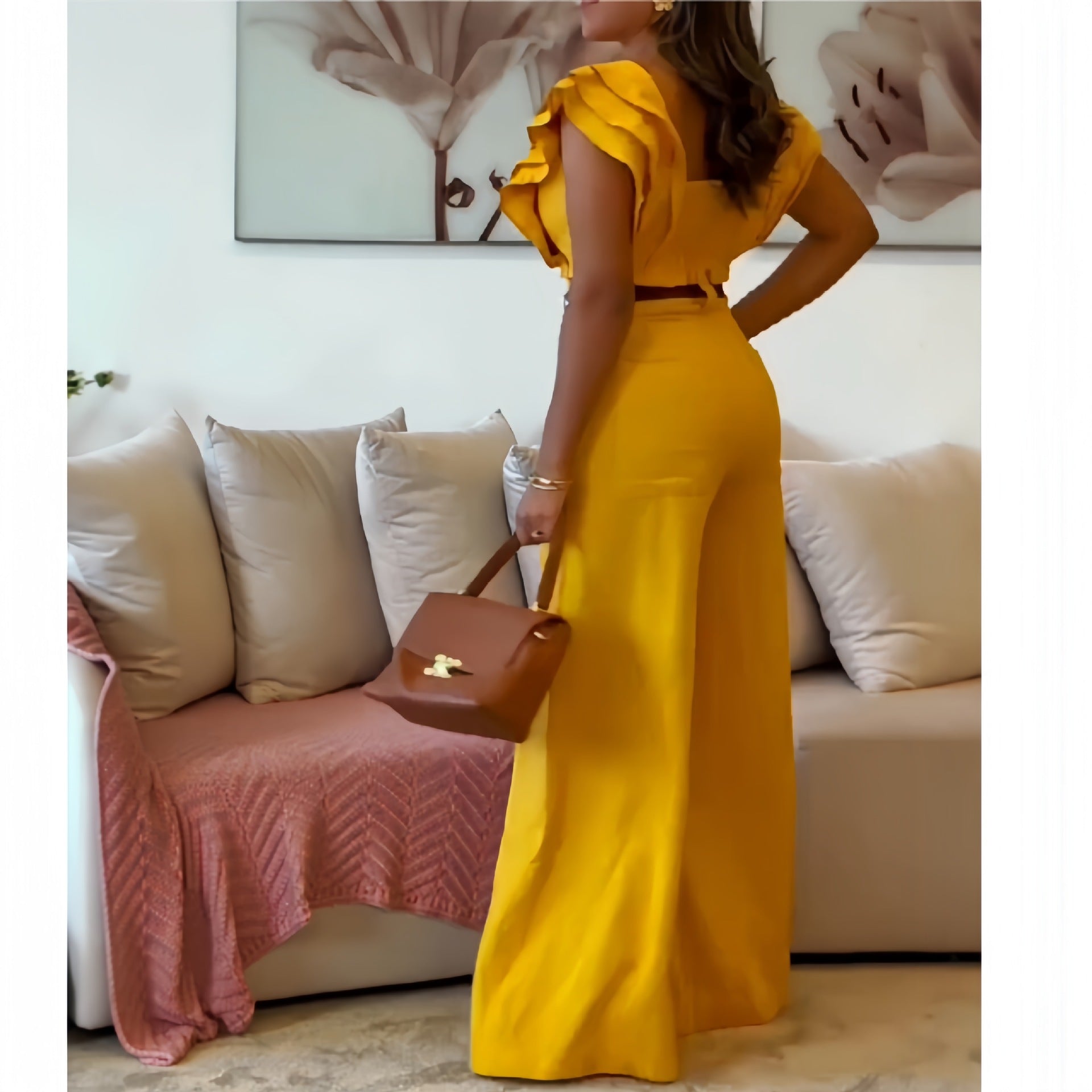 Women's Fashionable Ruffled Short Sleeve Top High Waist Wide Leg Pants Two-Piece Set 4