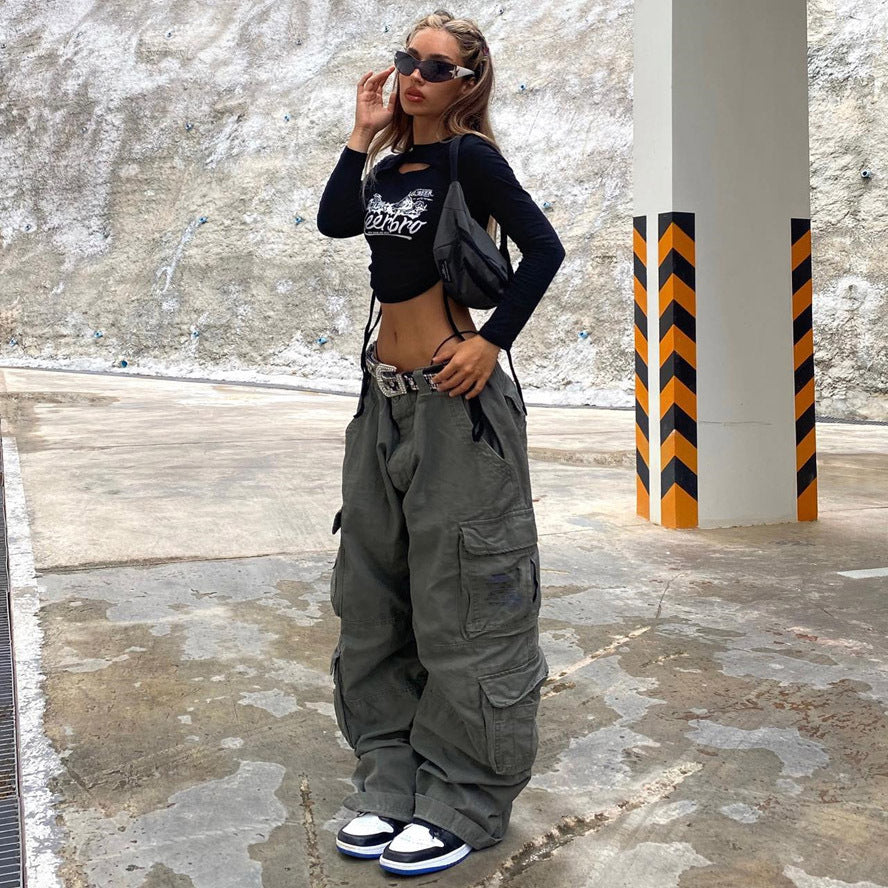 Autumn And Winter Women's Low Waist Loose Wide Leg Cargo Pants 6