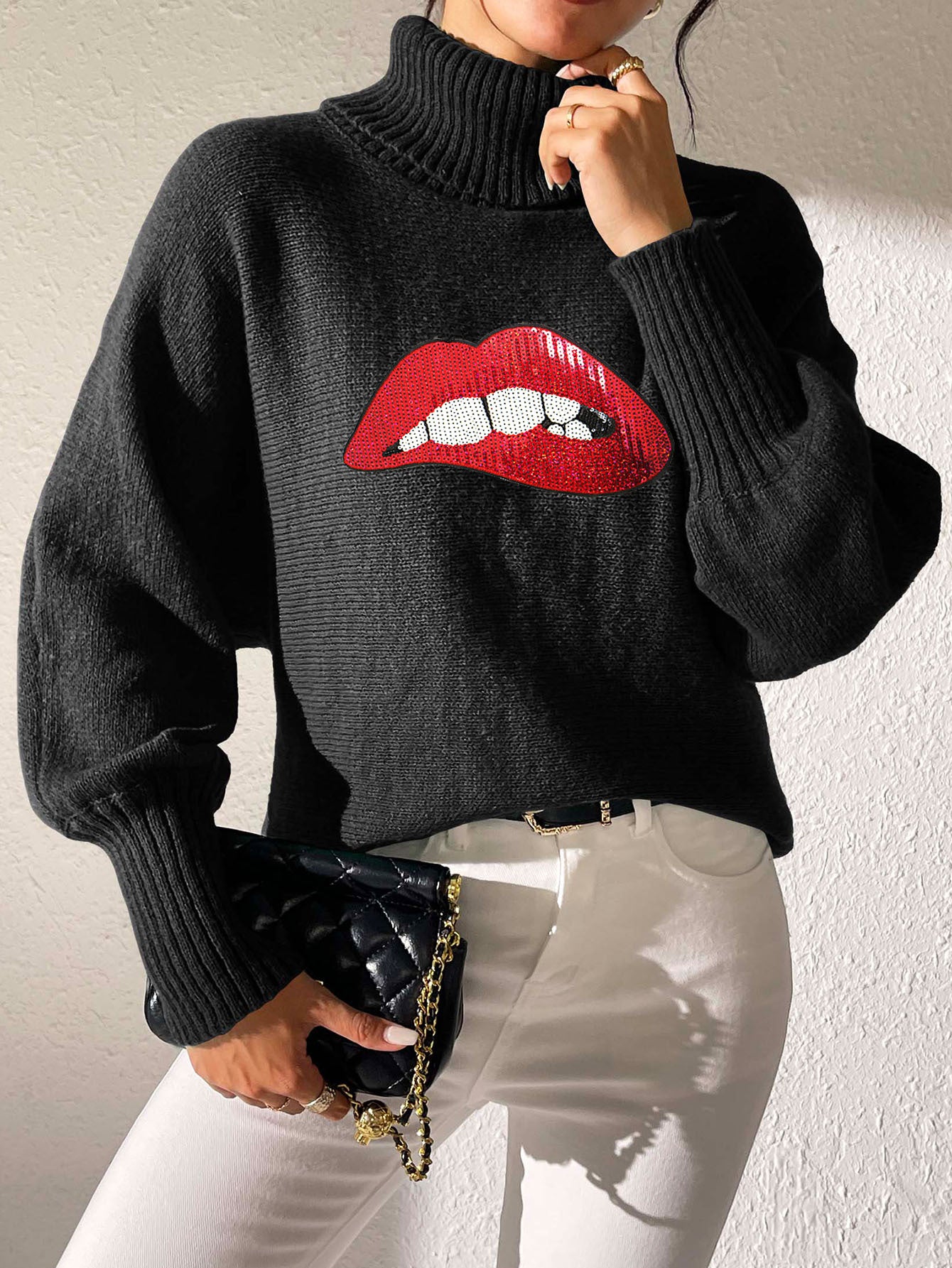 Autumn Winter Women's Sequin Lips Embroidery Turtleneck Pullover Sweater 15