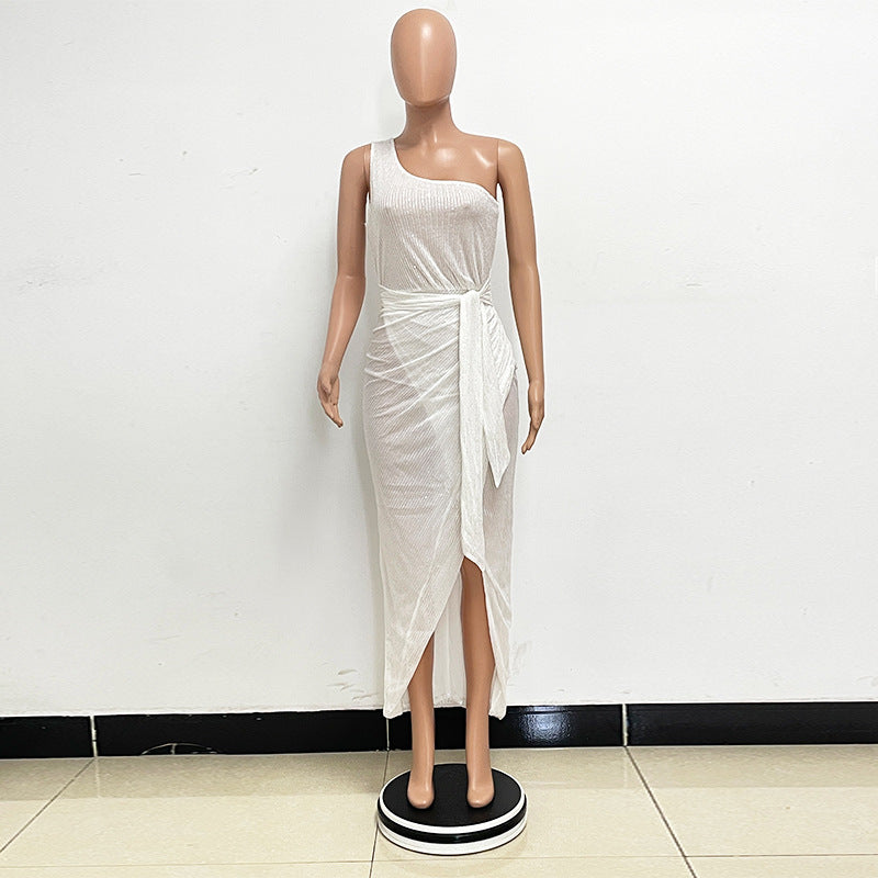 Women's One-Shoulder Lace-Up Sequined Evening Dress 38