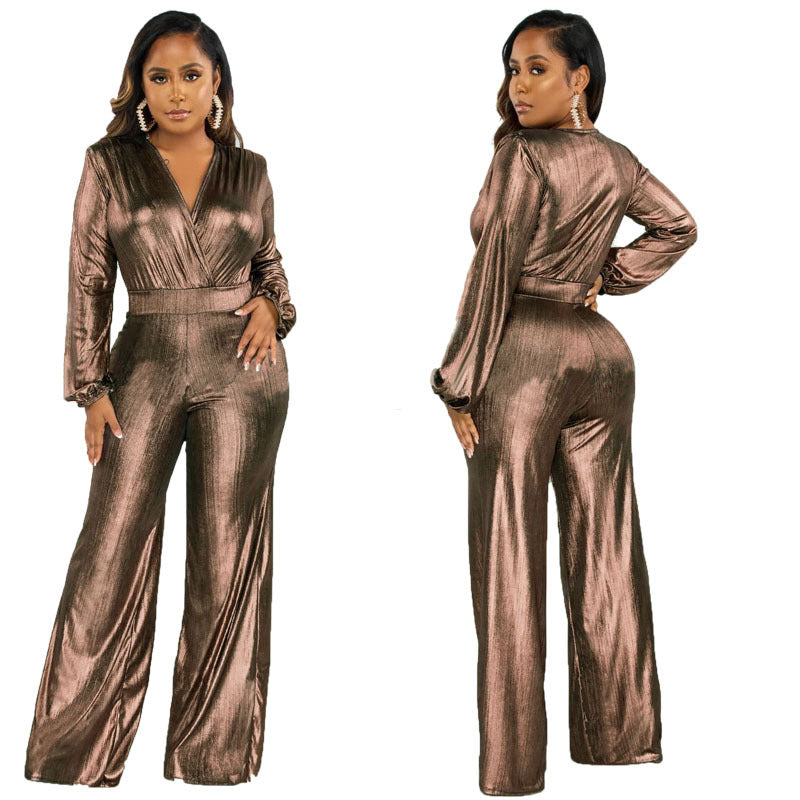 Sexy V Neck Shiny Long Sleeve Ladies Jumpsuit 16