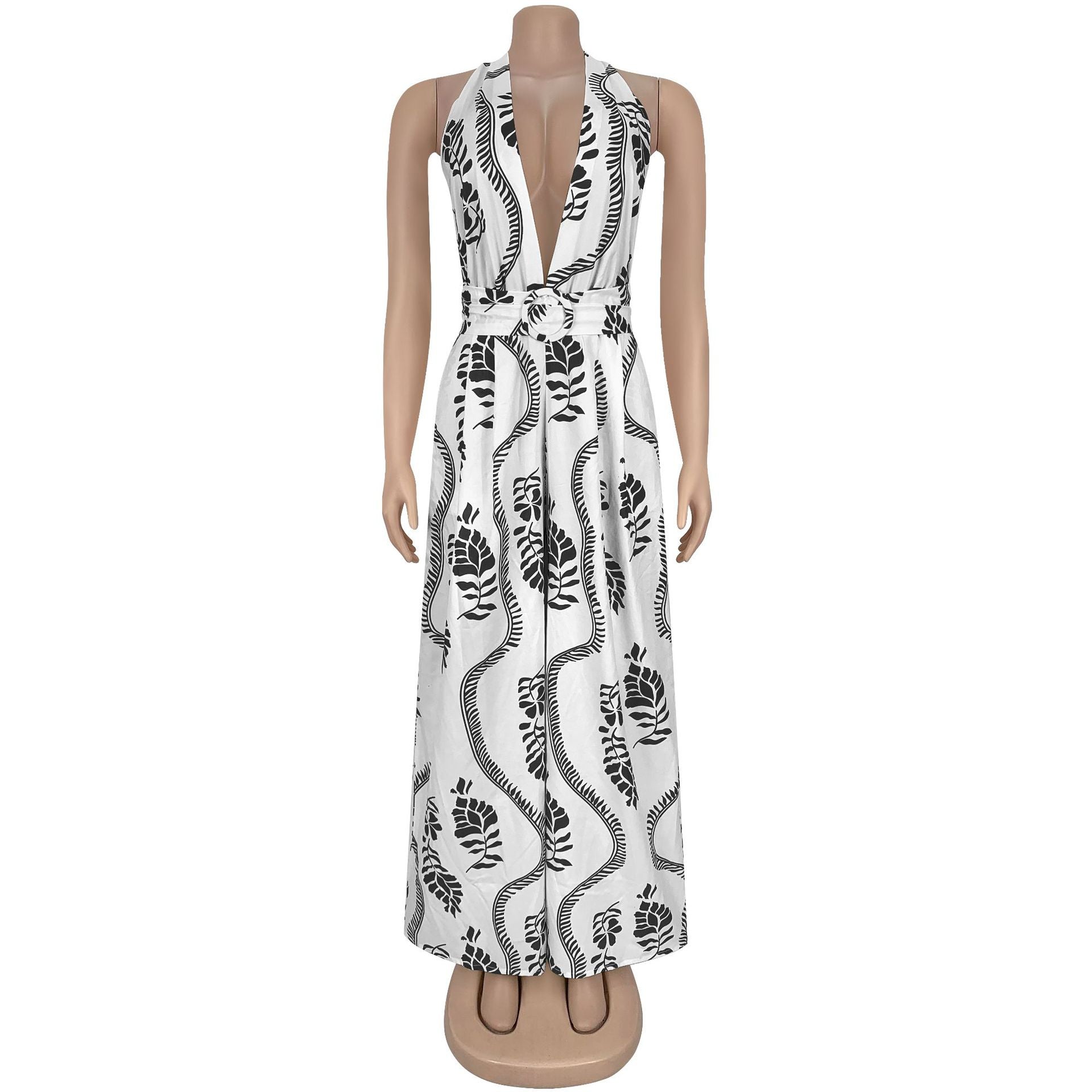 Women Casual Sexy V-Neck Backless Print Jumpsuit 14