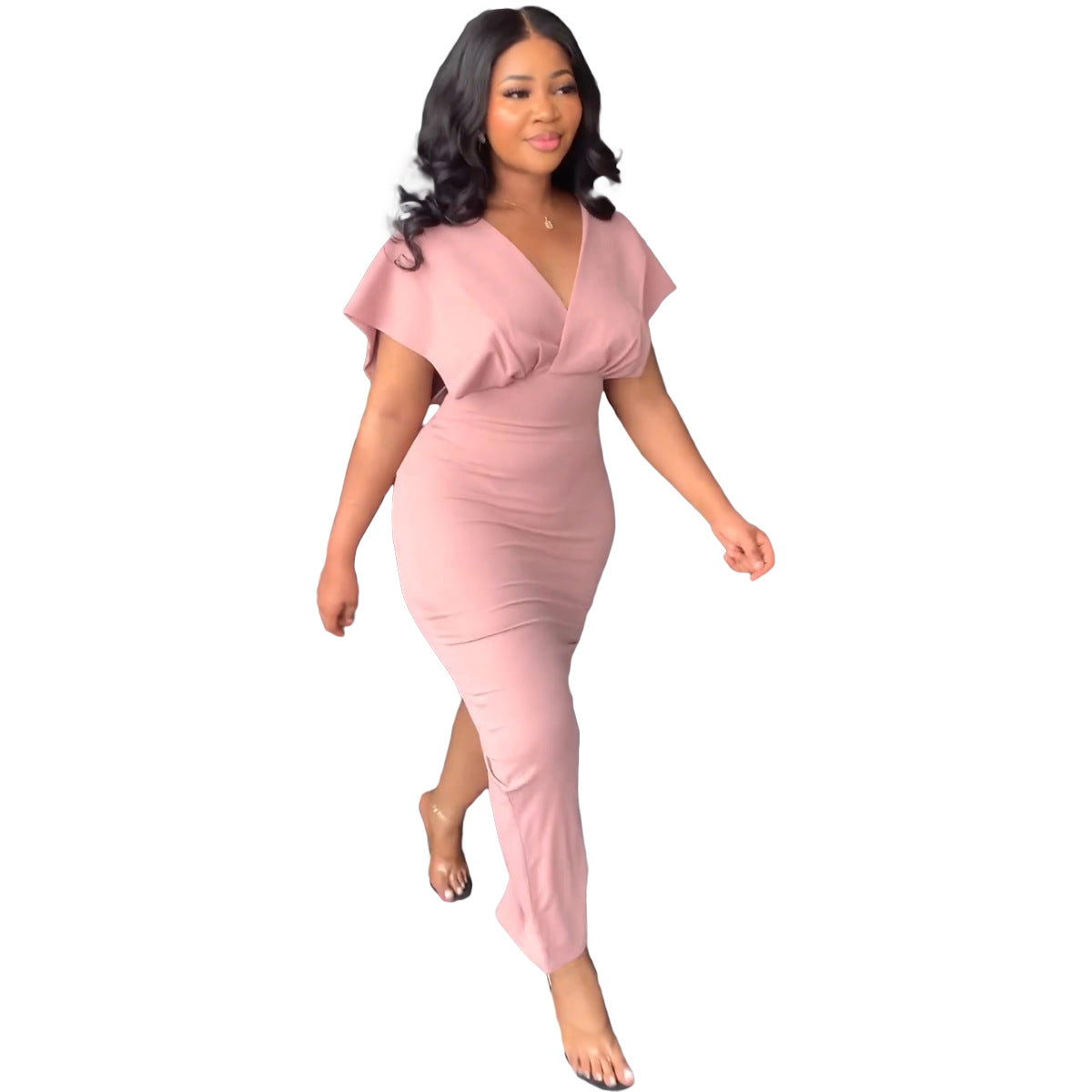 Women'S Fashion Casual Slit V-Neck Short Sleeve Midi Dress 4