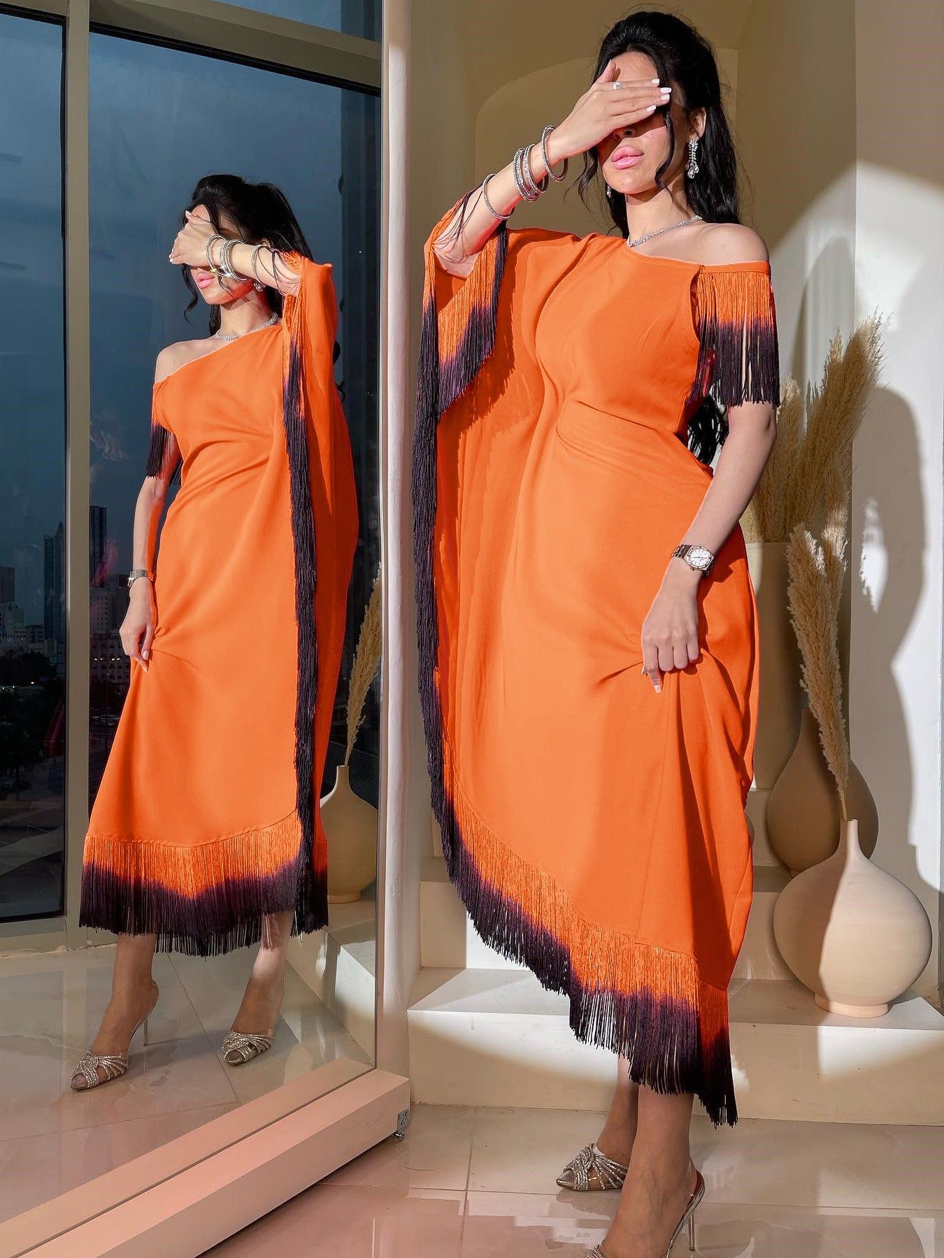 Women Tassel Slash Shoulder Irregular Dress 3